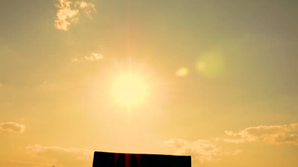 日没の空を背景に2020年のテキストとテキストを通して輝く太陽とリサイクル段ボールを保持する女性のシルエット お正月とお祝いの概念 — ストック動画