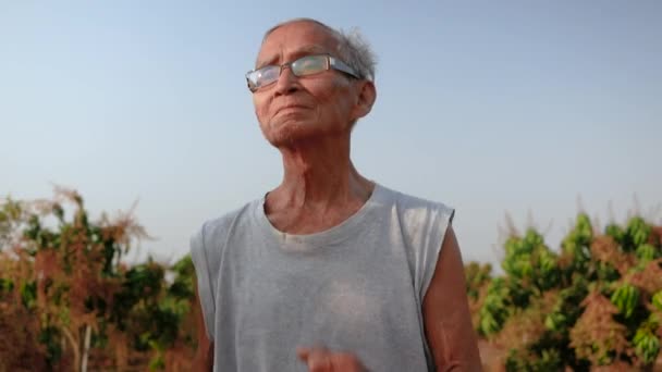 Aziatische Senior Man Joggen Een Zonsondergang Achtergrond Een Veld Het — Stockvideo