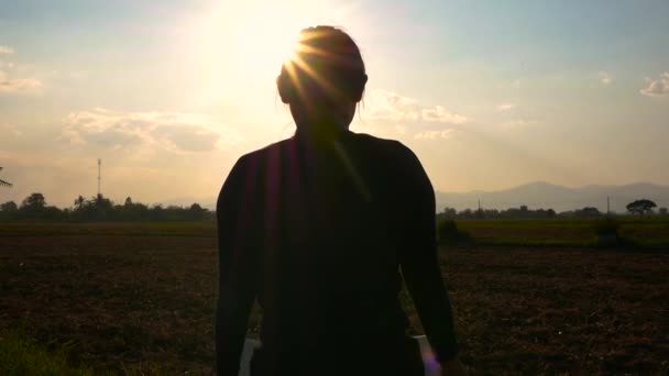 Silhouette Woman Holding Recycle Cardboard 2020 Text Sunset Sky Background — Stock Video