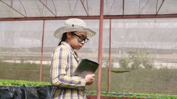 Jeune Agricultrice Asiatique Utilisant Une Tablette Numérique Serre Agriculteur Utilisant — Video