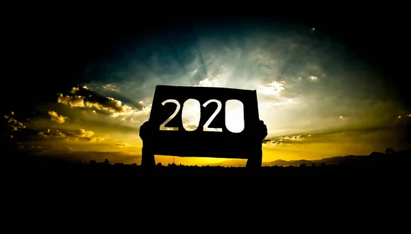 Geri dönüşüm kartonu tutan el silueti ve 2020 metin ove — Stok fotoğraf