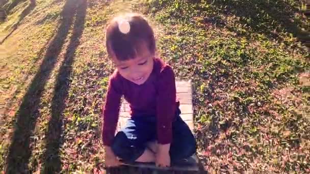 Χαριτωμένο Κοριτσάκι Έχει Διασκέδαση Για Παίξει Slide Ανακυκλωμένο Κουτί Από — Αρχείο Βίντεο