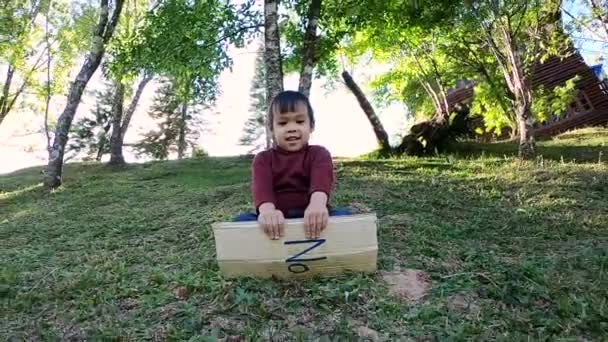 Мила Маленька Дівчинка Весело Грає Слайді Переробленою Картонною Коробкою Схилі — стокове відео
