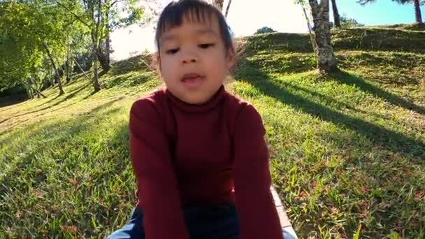 Cute Little Girl Dziecko Zabawy Gry Slajdów Recyklingu Kartonowe Pudełko — Wideo stockowe