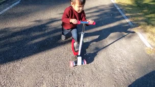 Niedliches Kleines Mädchen Das Spaß Beim Rollerfahren Auf Der Straße — Stockvideo