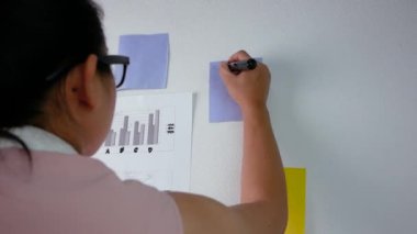 Kendine güvenen Asyalı kadın iş planı yazıyor ve fikirlerini beyaz tahtaya yazıyor. Ofiste düşünen ve notlar alan bir kadın..