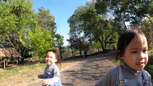 Dois Irmãos Menina Divertindo Para Jogar Juntos Parque Verão Conceito — Vídeo de Stock