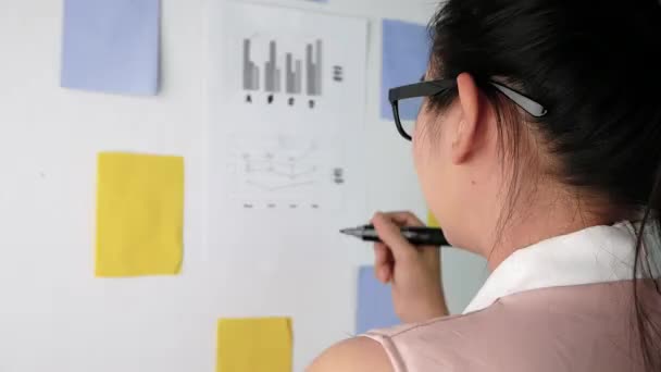 アジアの女性のビジネス計画を書いて 彼女の考えを白い板に置くことを確信しなさい 女性が事務所で書類を考えてメモを取る — ストック動画