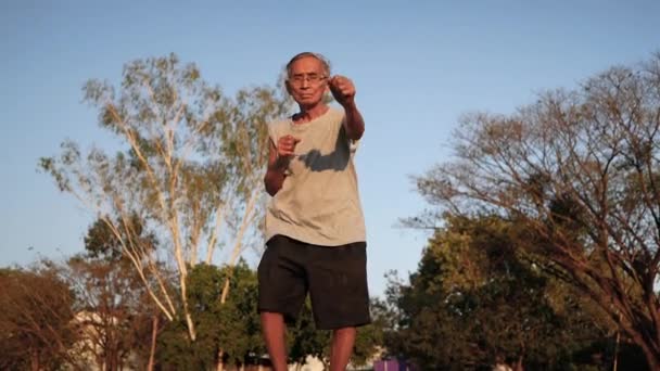 Attraktiv Senior Idrottsman Boxning Hållning Till Övningar Parken För God — Stockvideo
