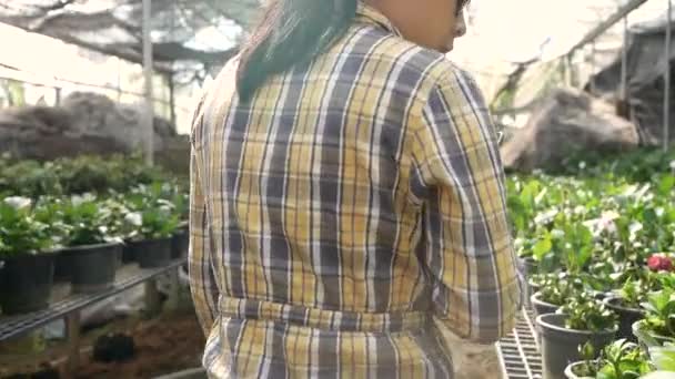 Азійські Молоді Садівники Використовують Цифрову Табличку Сидячи Оранжереї Фермер Користуючись — стокове відео