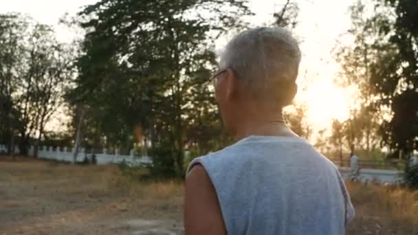 Aasialainen Vanhempi Mies Lenkkeilee Puistossa Auringonlaskun Taivaalla Terveellinen Elämäntapa Terveydenhuollon — kuvapankkivideo