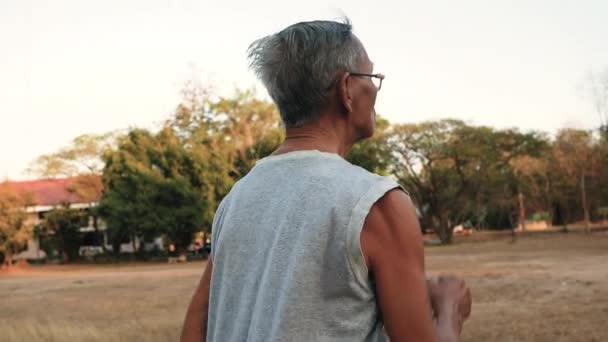 Asiatico Senior Uomo Jogging Parco Oltre Tramonto Cielo Sfondo Stile — Video Stock