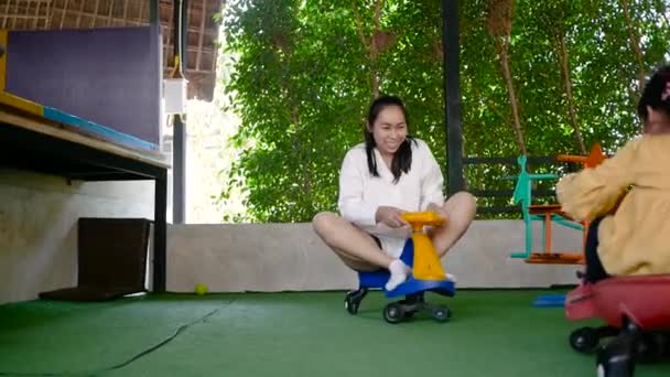 Asian Young Mother Daughter Having Fun Playing Together Playground Concept — Stock Video