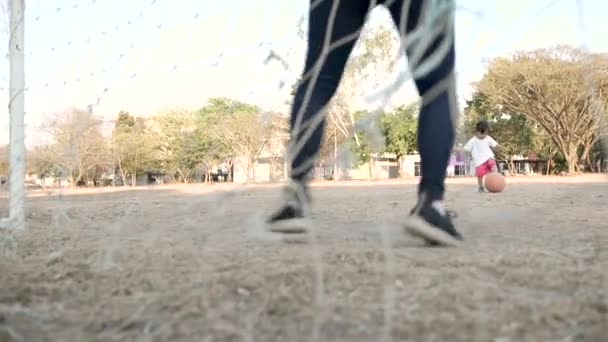 Jonge Moeder Haar Dochter Hebben Plezier Samen Voetballen Een Zomerpark — Stockvideo