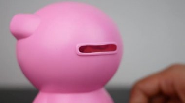 Kadın eli, odadaki pembe domuz kumbarasına bozuk para atıyor. Para kavramı kaydet.