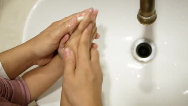 Asian Mother Her Daughter Washing Hands Soap Running Water Sink — Stock Video