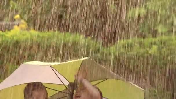 Frères Joyeux Petite Fille Amusant Dans Pluie Avec Parapluie Arrière — Video