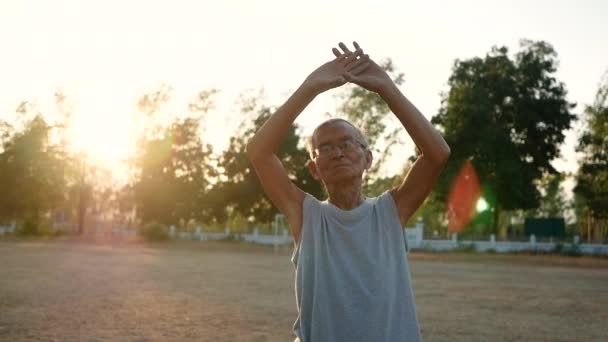 在落日的天空背景下 亚洲老年人在公园慢跑之前先伸展着身体 健康生活方式和保健概念 — 图库视频影像