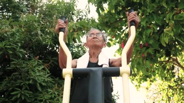 Ázsiai Idősebb Férfi Sportos Ruhák Gyakorlása Egészség Kültéri Fitness Berendezések — Stock videók