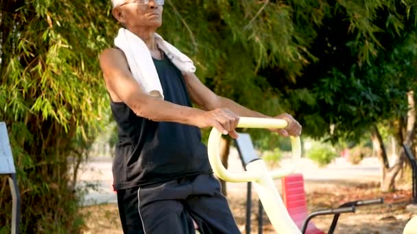 Asiatischer Senior Sportlicher Kleidung Trainiert Sonnentag Auf Outdoor Fitnessgeräten Einem — Stockvideo