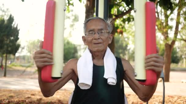 Asian Senior Man Sporty Clothes Exercising Good Health Outdoor Fitness — Stock Video