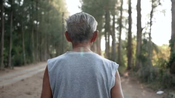 Asiatisk Senior Man Joggar Parken Över Solnedgången Himlen Bakgrund Hälsosam — Stockvideo