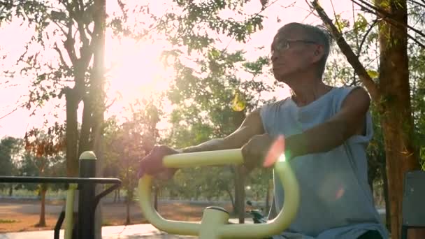 Asiatischer Senior Sportlicher Kleidung Trainiert Sonnentag Auf Outdoor Fitnessgeräten Einem — Stockvideo