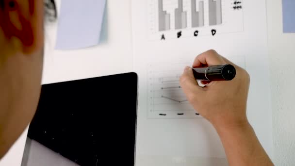 自信的亚洲女性企业撰写商业计划 并将自己的想法放在白板上 手握平板电脑 在办公室文件中思考和记录的妇女 — 图库视频影像