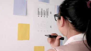 Kendine güvenen Asyalı kadın iş planı yazıyor ve fikirlerini beyaz tahtaya yazıyor. Ofiste düşünen ve notlar alan bir kadın..