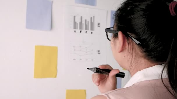 Mujer Asiática Confiada Escribiendo Plan Negocios Poniendo Sus Ideas Pizarra — Vídeos de Stock