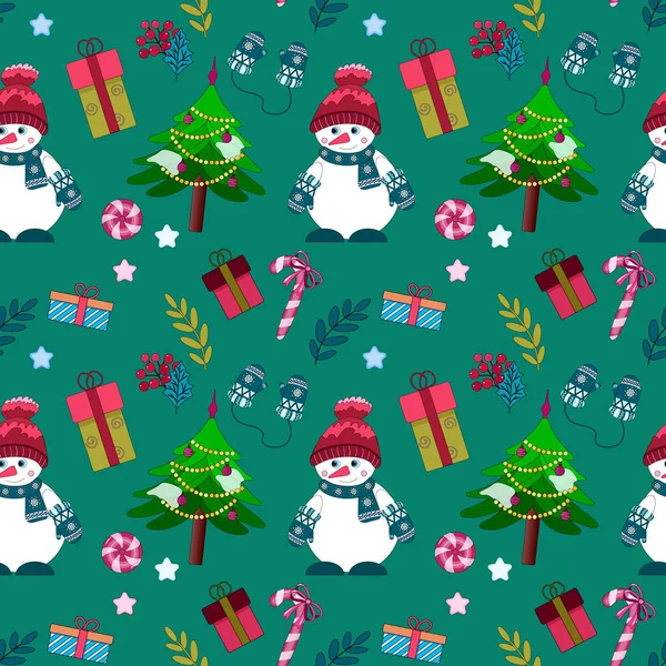 Sneeuwman naadloos patroon voor Kerstmis en Nieuwjaar. Achtergrond met wanten, doos cadeau, kerstboom, lolly 's, bessen en bladeren. — Stockvector