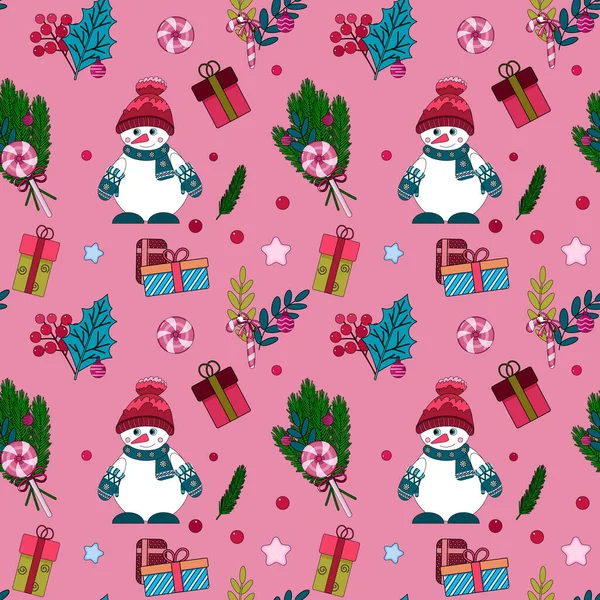 Kardan adamın, hediye kutusunun, lolipopların, Noel meyvelerinin ve yaprakların olduğu kusursuz Noel deseni..