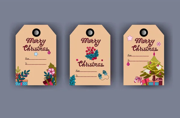 Feliz Navidad o Feliz Nuevo 2020 Ilustración del año con letras navideñas y elementos tradicionales de invierno. Linda etiqueta de papel, banner, etiquetas o pegatinas plantilla en estilo escandinavo. Fondo vectorial — Vector de stock