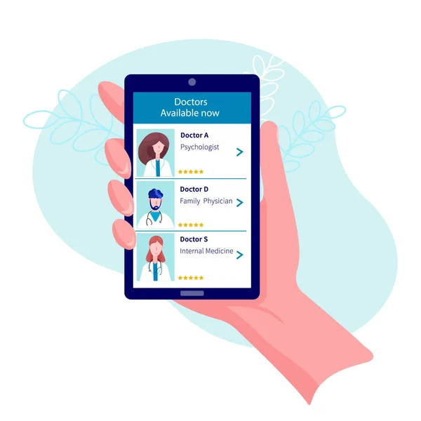 オンラインチームの医師。仮想医師を選択するためのアプリケーションまたはウェブサイト. — ストックベクタ