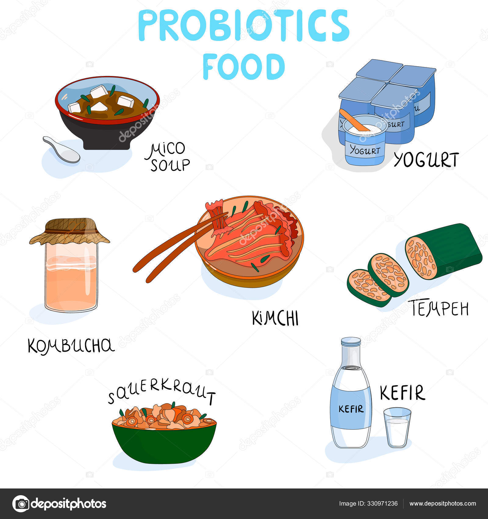 Set of probiotics food. There are kombucha, kimchi, soy tempeh, mico