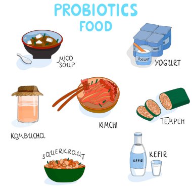 Probiyotik gıda seti. Kombu çayı, kimçi, soya tempeh, mikro çorba, yoğurt, lahana turşusu ve kefir var. Zengin besinli yiyecekler.