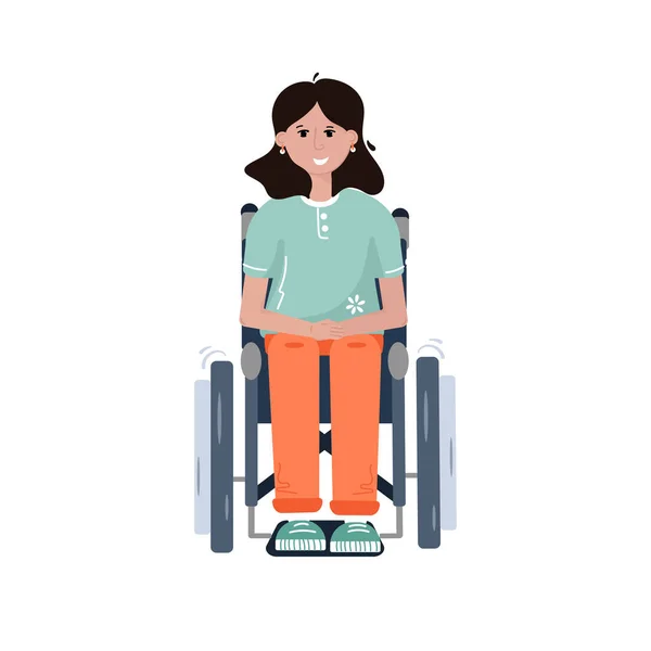 Giovane donna disabile in sedia a rotelle. Donna sorridente in fase di riabilitazione dopo malattia o trauma. Vista frontale. Vettore Illustrazione piatta in stile cartone animato . — Vettoriale Stock