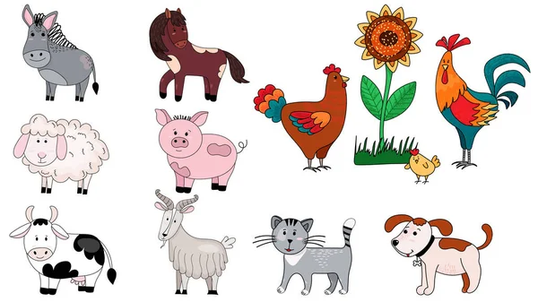 Fazenda conjunto animal bonito: vaca, cavalo, ovelhas. Famili com galinha, galo, galinha. Ilustração vetorial com porco, burro, cabra em estilo cartoon —  Vetores de Stock