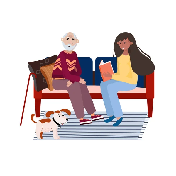Voluntário ajuda velhote. Assistente social lê livro homem idoso. Os idosos cuidam do conceito. Mulher sorridente está sentada no sofá e ler sênior. Ilustração plana vetorial de cuidados de saúde . — Vetor de Stock