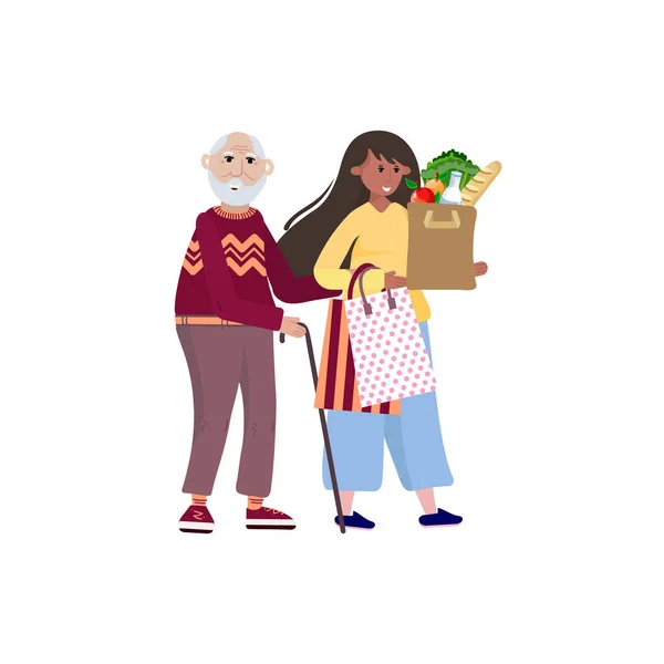 Ehrenamtliche Helfer helfen alten Menschen beim Tragen von Produkten. Sozialarbeiter kümmert sich um Senioren und geht in den Laden. Pflegekraft hilft Senioren beim Einkaufen. — Stockvektor