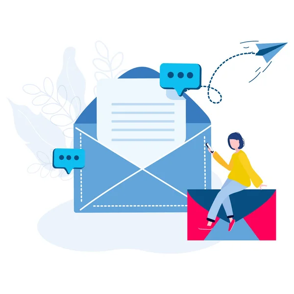 La femme est assise sur le courrier. Document dans l'enveloppe. La dame lit le contrat. Réseau social, chat, nouveau message. Business Lady est en cours de travail . — Image vectorielle