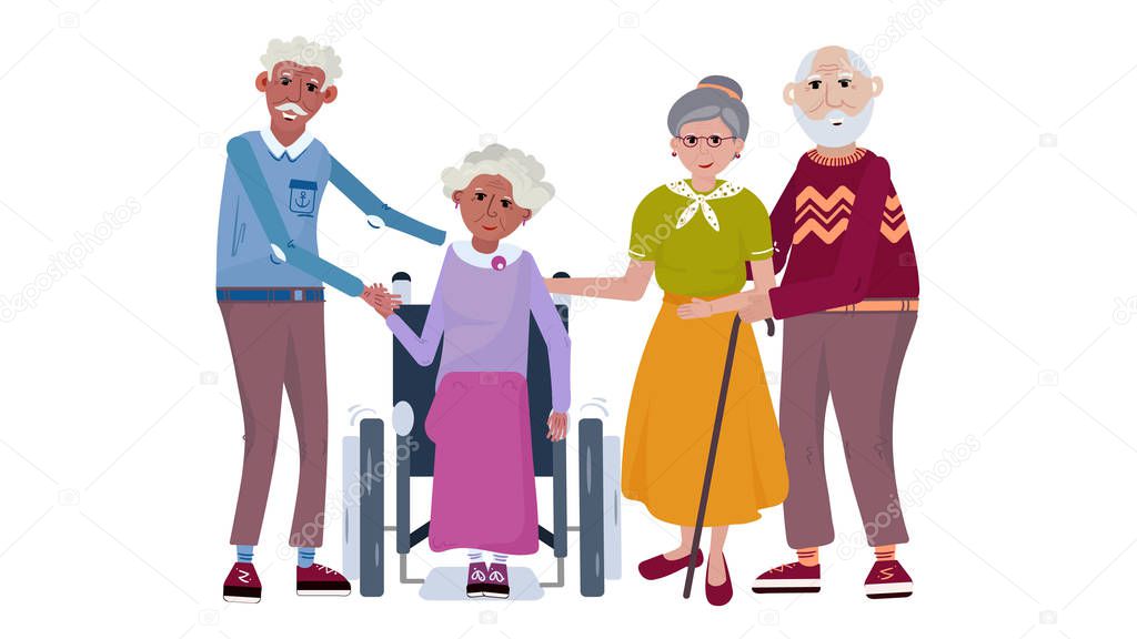 Happy old couples. Elderly Afro American man is hugging his wife, she is in the wheelchair. Grandfather with stick is standing with his wife. Group of smiling pensioners. Vector cartoon illustration