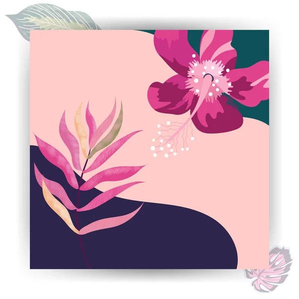 Arka planda tropik yapraklar var. Canavar, Hibiscus ve egzotik dekoratif elementler. Sosyal medya için soyut pembe, bordo duvar kâğıdı hikayeler için. Yaz tasarımı için palmiye çiçeği.
