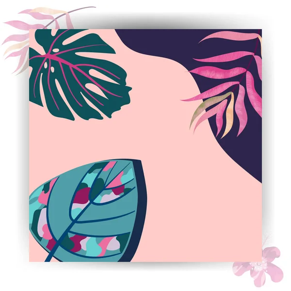 熱帯ピンクの葉を背景に。モンスターとエキゾチックな装飾要素。アブストラクトベクトル｜物語のためのソーシャルメディアのためのブルゴーニュ壁紙.夏のデザインのためのヤシの花. — ストックベクタ