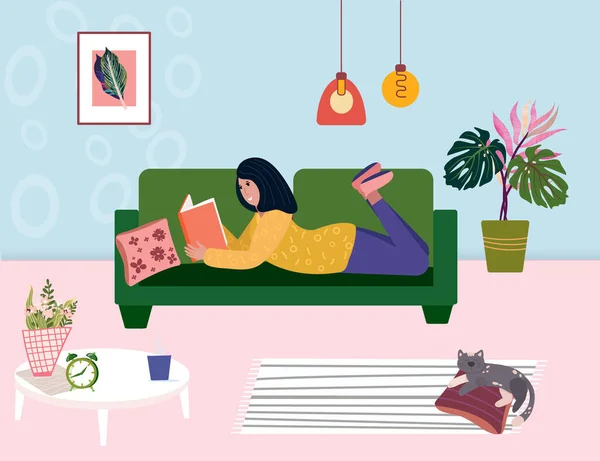 Edebiyat hayranı kanepede uzanıp kitap okuyor. Kadın kanepede ders kitabı okuyor, hygge oturma odasında. Öğrenci sınava hazırlanıyor. Yatakta rahatlamış bir kızla şirin bir vektör çizimi..