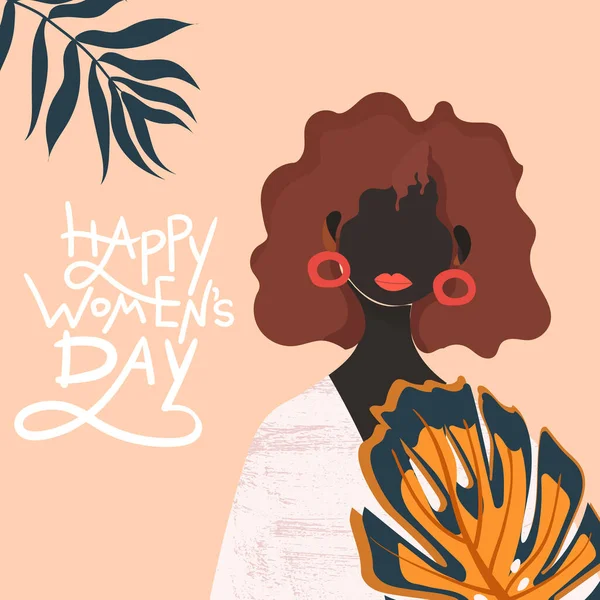 Zitat Happy Womens Day für Postkarte, Flyer. Afro Americam Frau im minimalistischen Stil mit tropischen Blättern für den Urlaub am 8. März. Feminismus trendy Konzept in Vektor. — Stockvektor