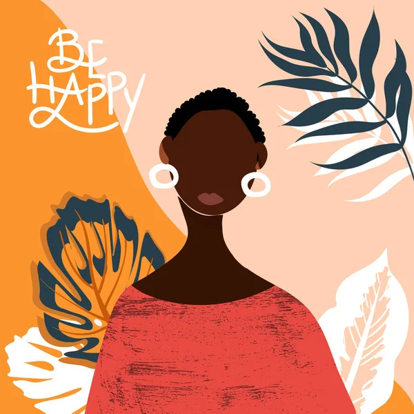 International Womens Day vakantie concept. Afrikaanse vrouw in minimalistische stijl met palmen bladeren. Tekst Wees blij voor 8 maart wenskaart. Feminisme modeflyer in vector. — Stockvector
