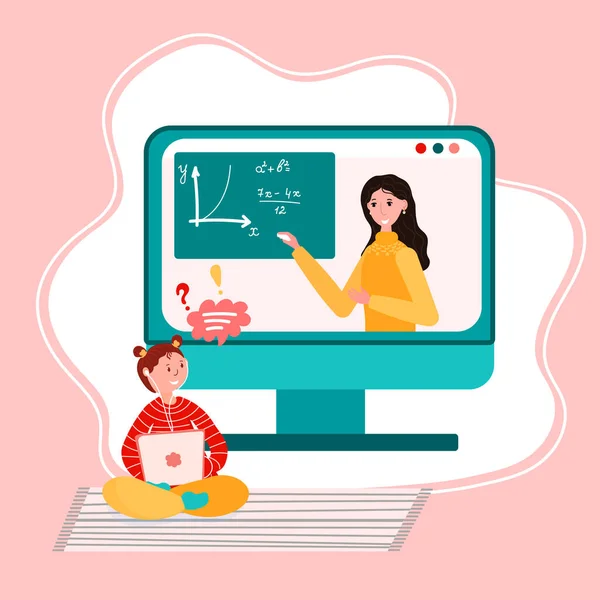 网上教育。在学校的远程学习。学生们坐在家里学习数字课程.老师在电脑显示器里教书.女孩正在用笔记本电脑听老师说话. — 图库矢量图片