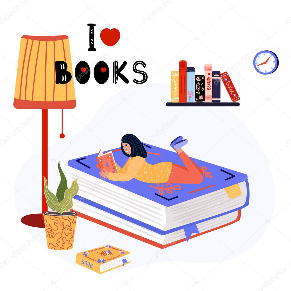 Woman is lying on the stack of books, near standing lamp. Literature fan on the big books is reading. Student studying with textbook. Smart lady is on the giant books, on the wall shelf with books.