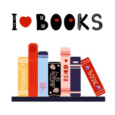 Kitaplara bayıldığım bir deyim. Kitapları kitaplığa istifleyin. Roman, ders kitapları, ders çalışmak ve dinlenmek için fen kitapları. Düz olarak kütüphane edebiyatı, vektör illüstrasyonu